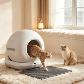 Milk-white self-cleaning litter box featuring intelligent safety sensors, dual purification with UVC UV and gel filtration, 2.4G Wi-Fi connectivity