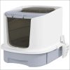 Grayish-white covered litter box with a loose-fitting design
