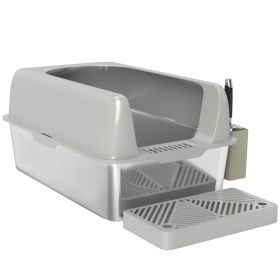 High Sided Stainless Steel Litter Box with Metal Scoop & Scoop Holder, for Easy Clean& Anti-Urine Leakage, Light Gray