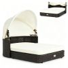 Hand-Woven PE Rattan Dog Bed with Adjustable Canopy, Elevated Outdoor Pet Daybed with Washable Plush Cushion