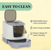 Grayish-white covered litter box with a loose-fitting design