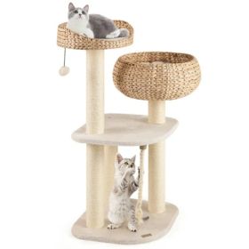 41 Inch Hand-Woven Water Hyacinth Cat Tree, 3 Sisal Scratching Posts Multi-Level Activity Center For Cats-White (Option: defaulttitle)